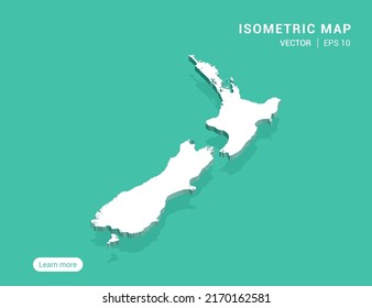 New Zealand Map White On Green Background With 3d Isometric Vector Illustration.