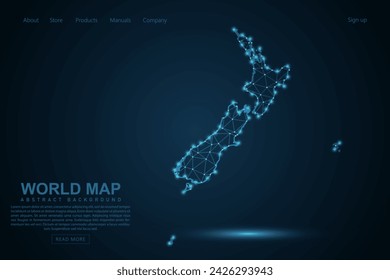 New Zealand Map - World Map mash line and point scales on blue technology background. Wire Frame 3D mesh polygonal network line, design sphere, dot and structure - Vector illustration eps 10