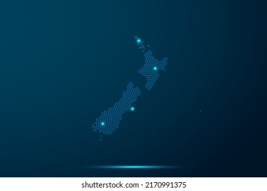 New Zealand Map - World Map vector template with dots, grid, grunge, halftone style and light, network line, design sphere on blue technology background -  Vector illustration eps 10