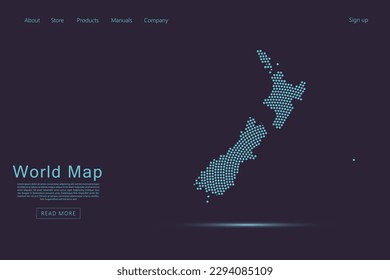 Mapa de Nueva Zelanda - Mapa mundial de la plantilla del vector del mapa con puntos azules, rejilla, grunge, estilo de medio tono aislado en fondo morado oscuro para sitio web, infografía, diseño de tecnología - Ilustración vectorial eps 10