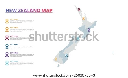 New Zealand Modern Map Infographic Template, Detailed infographic map of New Zealand Popular City