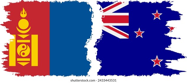 New Zealand and Mongolia grunge flags connection, vector