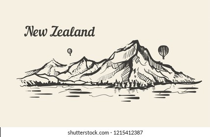 New Zealand mountain valley hand drawn sketch illustration.