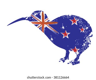 New Zealand national flag - abstract grunge illustration in a shape of a kiwi bird