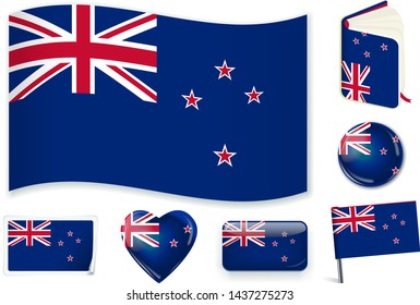 New Zealand national flag in wave, book, circle, pin, button, heart and sticker shapes.