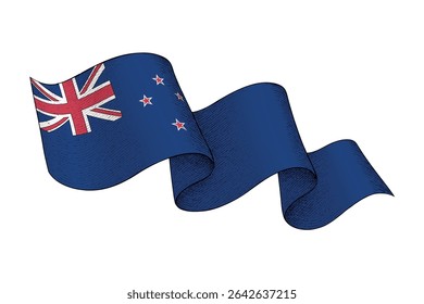 New Zealand national flag waving ribbon shape with engraved vintage texture