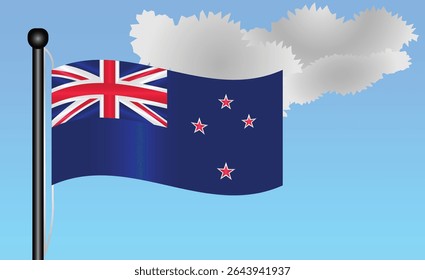 New Zealand national flag waving against a bright blue sky. representing national pride, unity, and heritage in Oceania with its vibrant colors and iconic design. Patriotic symbol of identity or pride