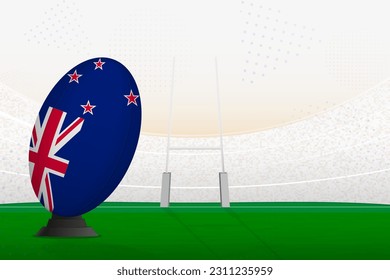 New Zealand national team rugby ball on rugby stadium and goal posts, preparing for a penalty or free kick. Vector illustration.