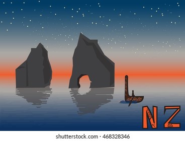 New Zealand night landscape, vector illustration, islands maori ethnic canoe. Wharariki Beach postcard. Travel poster