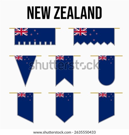 new zealand NZ set of country flags with their own distinctive colors and symbols, symbolizing pride, medieval and royal theme style, war, conflict, warriors, both vertical and horizontal. Zealanders