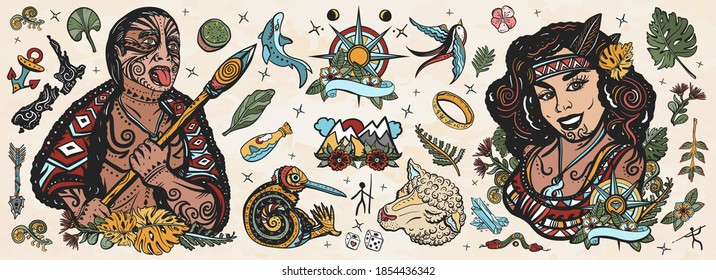 New Zealand. Old school tattoo vector collection. Ethnic Polynesian woman in traditional costume. Aboriginal tribes, Maori warrior grimace. Kiwi bird, sheep, mountains, map. Tradition and people 