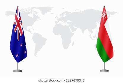 New Zealand and Oman flags for official meeting against background of world map.
