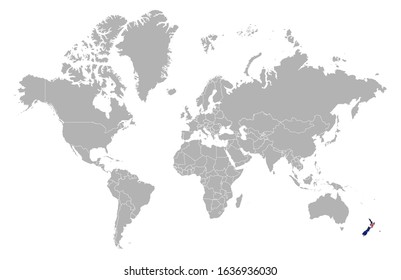 New Zealand on detailed world map. With overlay New Zealand flag. The location of the country of New Zealand on the world map.