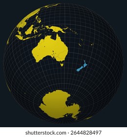 Nova Zelândia no Globe. Vista do país no mapa do mundo em Carvão amarelo brilhante paleta de cores. Forma da Nova Zelândia no mapa. Globo com meridianos, paralelos, países, rios e lagos.