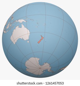 New Zealand on the globe. Earth hemisphere centered at the location of New Zealand. New Zealand map.