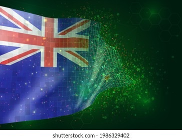 new Zealand, on vector 3d flag on green background with polygons and data numbers