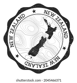 New Zealand outdoor stamp. Round sticker with map of country with topographic isolines. Vector illustration. Can be used as insignia, logotype, label, sticker or badge of the New Zealand.