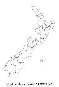 New Zealand outline silhouette map illustration with states