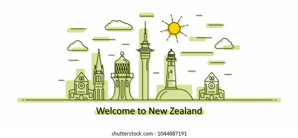 New Zealand panorama. New Zealand vector illustration in outline style with buildings and city architecture. Welcome to New Zealand.