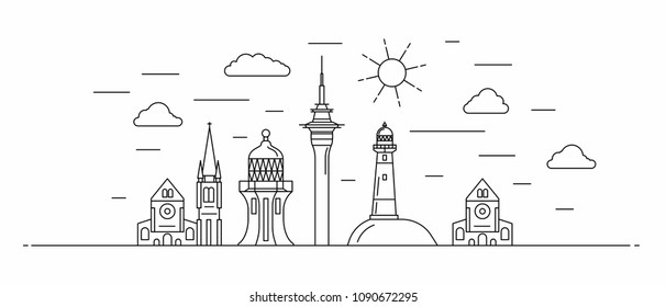 New Zealand panorama. New Zealand vector illustration in outline style with buildings and city architecture. Welcome to New Zealand.