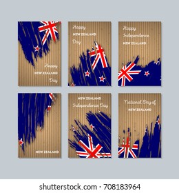 New Zealand Patriotic Cards for National Day. Expressive Brush Stroke in National Flag Colors on kraft paper background. New Zealand Patriotic Vector Greeting Card.