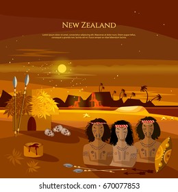 New Zealand. People of Maori, tradition and culture. Mountains and beach landscape, natives. Village of aboriginals Maori of New Zealand 