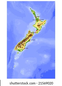 New Zealand. Physical vector map, colored according to elevation, with rivers and selected cities. 38 layers, fully editable. Data source: NASA