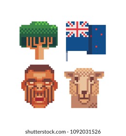 New Zealand pixel art icons set, national flag, green tree and llama head isolated vector illustration. 8-bit. Design for stickers, logo, app.