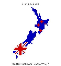 New Zealand pixel flag map icon. 8 bit pixel art Kiwi map covered with flag. Flat vector illustration isolated on white background.