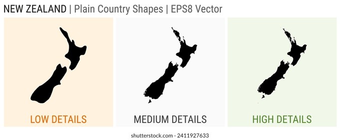 New Zealand - plain country shape. Low, medium and high detailed maps of New Zealand. EPS8 Vector illustration.