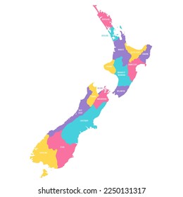 New Zealand political map of administrative divisions - regions. Colorful vector map with labels.