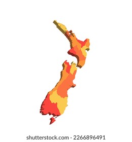 New Zealand political map of administrative divisions - regions. 3D map in shades of orange color.