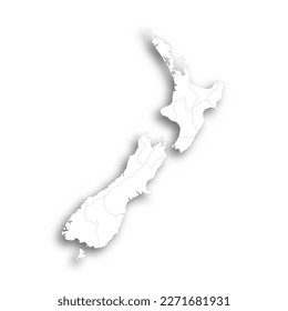 New Zealand political map of administrative divisions - regions. Flat white blank map with thin black outline and dropped shadow.