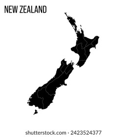 New Zealand political map of administrative divisions - regions. Blank black map and country name title.