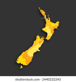 New Zealand political map of administrative divisions - regions. Yellow shade flat vector map with name labels and dropped shadow isolated on dark grey background.