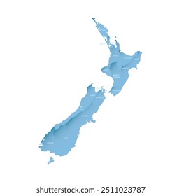 Mapa político da Nova Zelândia de divisões administrativas - regiões. Mapa de vetor sombreado com gradiente azul semelhante a 3D e rótulos de nome