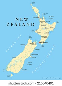 New Zealand Political Map with capital Wellington, national borders, most important cities, rivers and lakes. English labeling and scaling. Illustration.