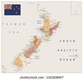 New Zealand Political Map Retro Color. Detailed Administrative Map of New Zealand. Vector illustration.