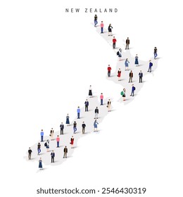 New Zealand population map. Large group of realistic a diverse crowd of people figures in a shape of Kiwi map. Flat vector illustration isolated on white.