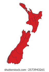 New Zealand 
red map with border of regions outline vector