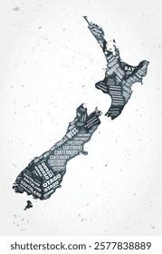 New Zealand regions word clouds. Country shape on textured background. New Zealand design in typographic style. Amazing vector illustration.