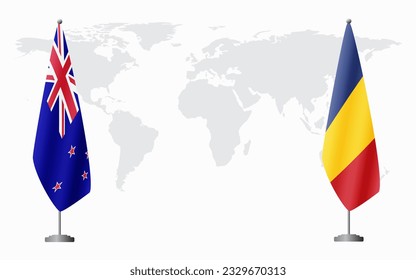 New Zealand and Romania flags for official meeting against background of world map.