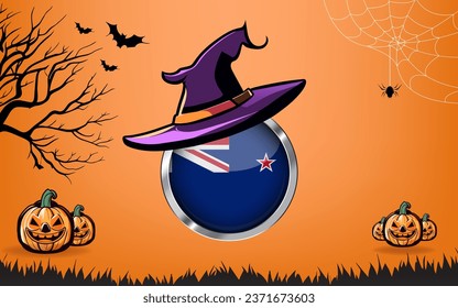 new zealand round flag with Happy Halloween banner or party invitation background. bats, spiders and pumpkins, orange background
