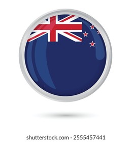 New Zealand round glossy shiny flag vector illustration isolated on blue background with stars in the flag in white and red colors for Independence Day of New Zealand 6 February, flyers, brochure