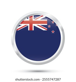 New Zealand round glossy shiny flag chrome framed vector illustration isolated on white background, stars in the flag in white and red colors for Independence Day of New Zealand 6 February flyers