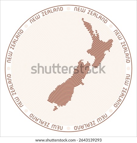 New Zealand round logo design. Country shape built of rings. New Zealand text around the country. Vector illustration.