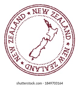 New Zealand round rubber stamp with country map. Vintage red passport stamp with circular text and stars, vector illustration.