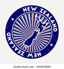 New Zealand round stamp. Logo of country with flag. Vintage badge with circular text and stars, vector illustration.