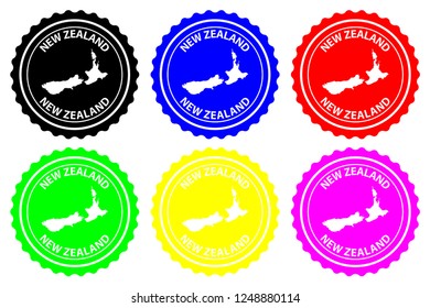 New Zealand - rubber stamp - vector, New Zealand map pattern - sticker - black, blue, green, yellow, purple and red