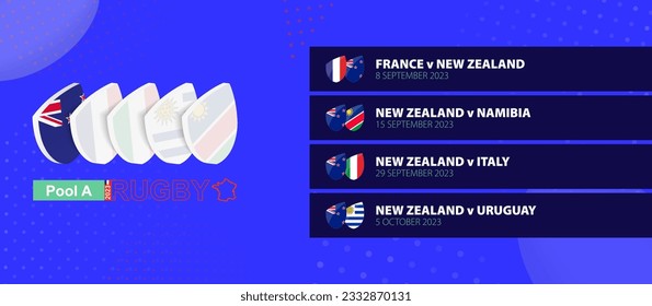 New Zealand rugby national team schedule matches in group stage of international rugby competition. Vector set.